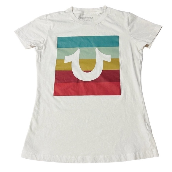 TRUE RELIGION WHITE SHORT SLEEVE FITTED TEE SIZE SMALL WITH COLORFUL LOGO - Picture 1 of 7